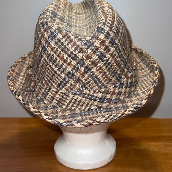 Vintage Plaid Fedora Hat Feather 7 1/4 Brown Tweed Gold Buckle - Picture 5 of 6